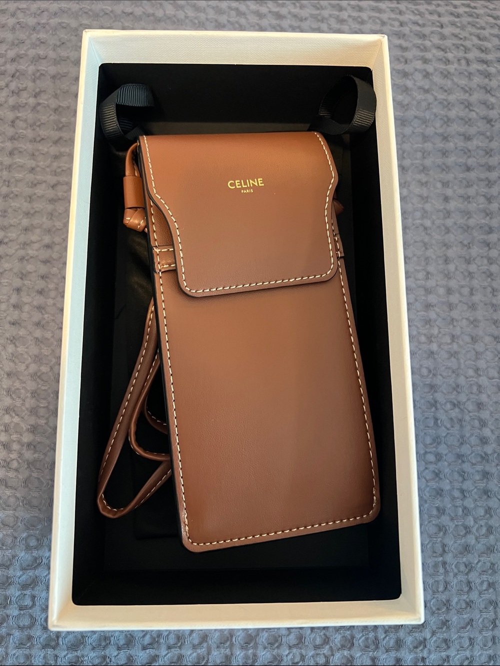 Celine Tan Leather Crossbody Pouch with White Stitching